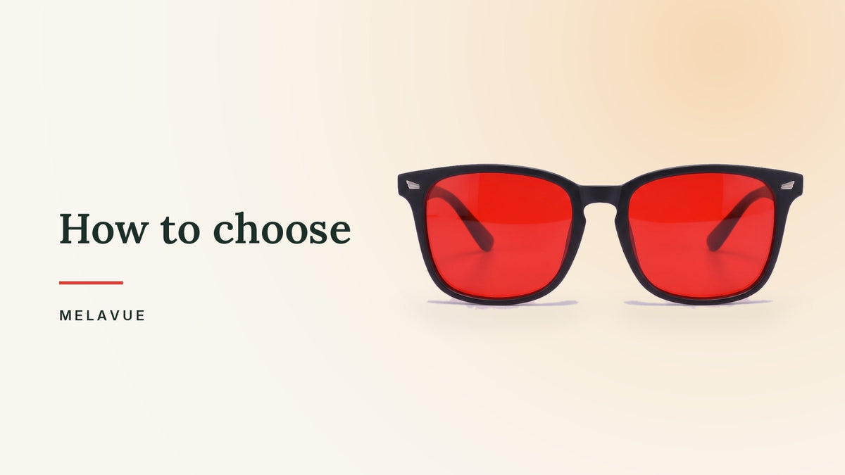 Melavue Midnight red lens glasses on a warm cream background