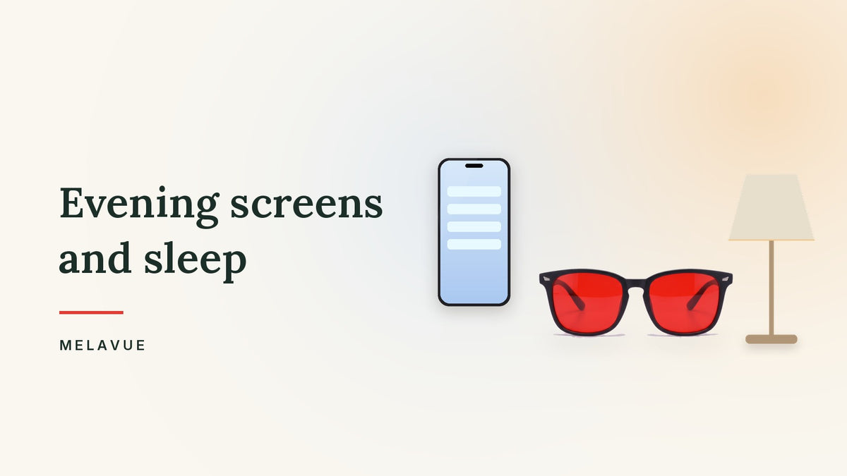 A phone glowing in a dim cream room beside Melavue Midnight red lens glasses and a switched-off lamp