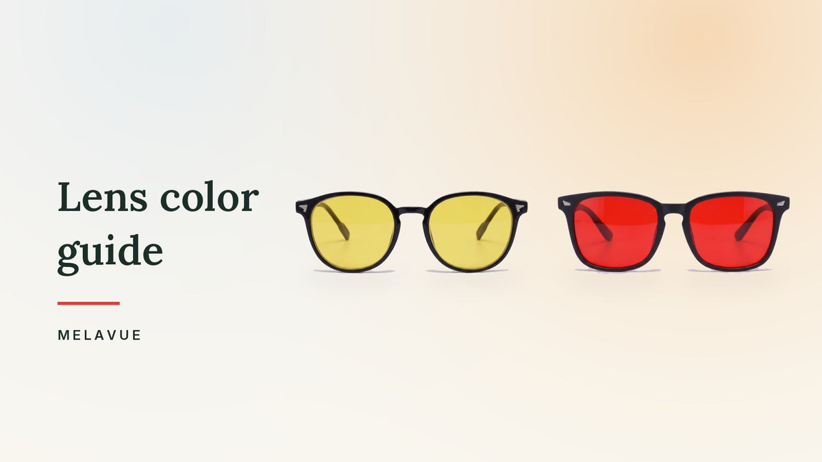 Melavue DayLight yellow lens and Midnight red lens glasses side by side on a cream surface
