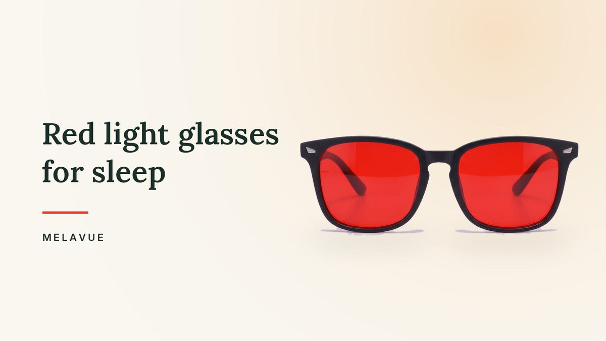 Melavue Midnight red lens glasses on a warm cream background