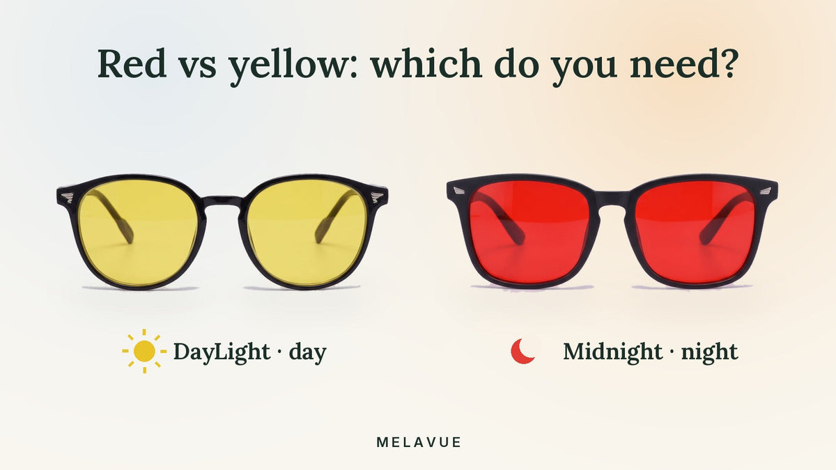 Melavue DayLight yellow lens glasses and Midnight red lens glasses side by side on a cream background