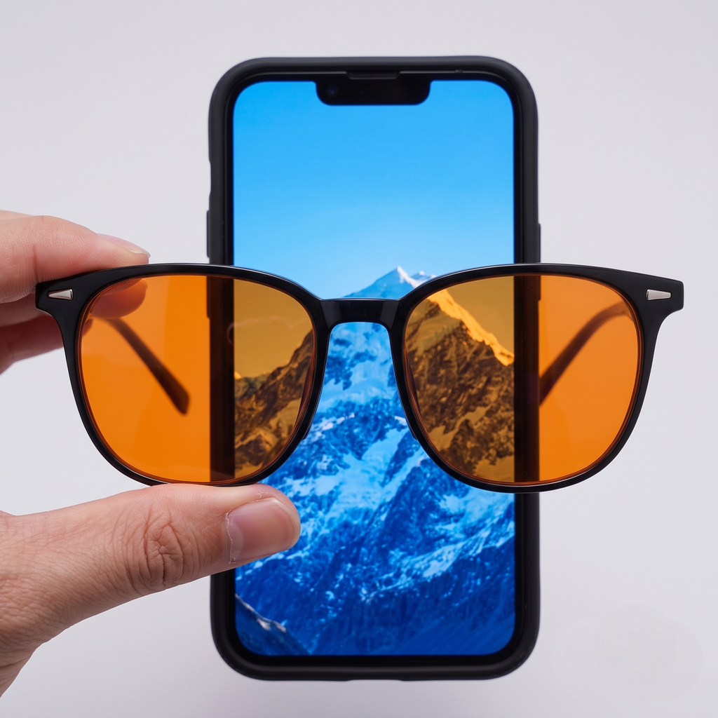 Dusk Aura blue light blocking glasses in glossy black, evening filter — product view 6
